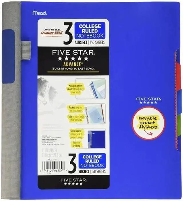 Alt view image 3 of 10 - Five Star Advance 3-Subject Notebooks 8.5" x 11" College Ruled 150 Sheets Assorted Colors (06324)