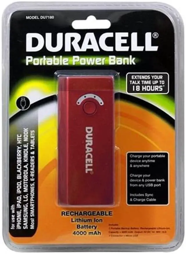Main image of DURACELL Portable Power Bank & AC Charger (4000 mAh) Battery Charger for use with iPhone, iPad, iPod, BlackBerry, Samsung, LG, Motorola, Kindle, Nook, Most SmartPhones, E-Readers and Tablets (RED)