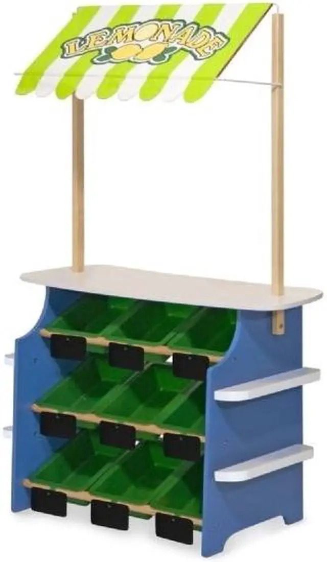 Alt view image 5 of 11 - Melissa & Doug Wooden Grocery Store and Lemonade Stand - Reversible Awning, 9 Bins, Chalkboards