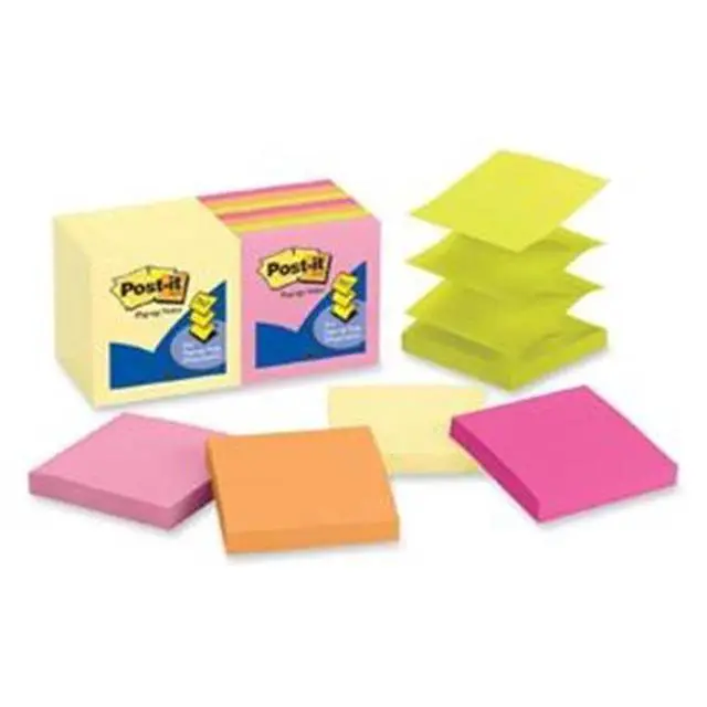 Alt view image 3 of 20 - 3M R33014YWM Pop-Up Note Pad Refills, 3 x 3, 7 Canary Yellow & 7 Asst. Brights 100-Sheet Pads
