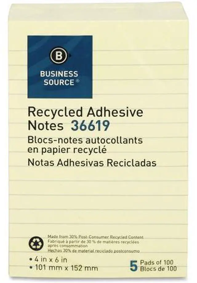 Alt view image 6 of 13 - Business Source Recycled Adhesive Note Pads Lined 4"x6" 5/PK Yellow 36619
