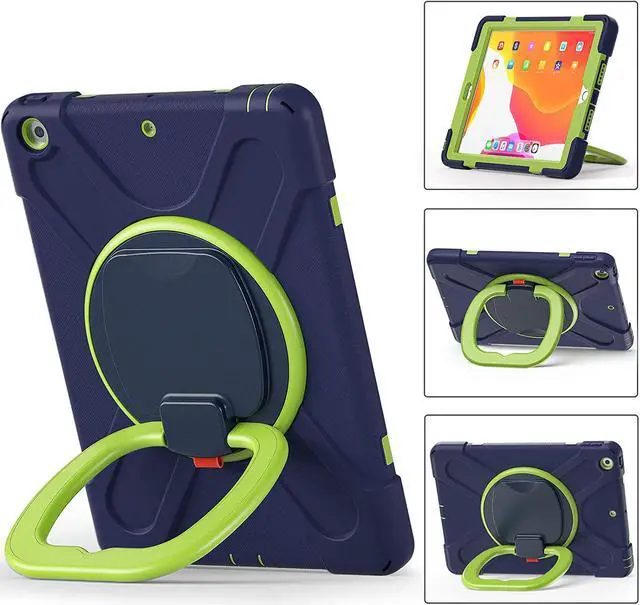 Alt view image 6 of 7 - iPad 10.2 7th 8th Gen Case, Heavy Duty Protection Cover with Handle Stand Carrying Shoulder Strap Sling for Apple iPad 10.2" (Dark Blue / Lime Green)