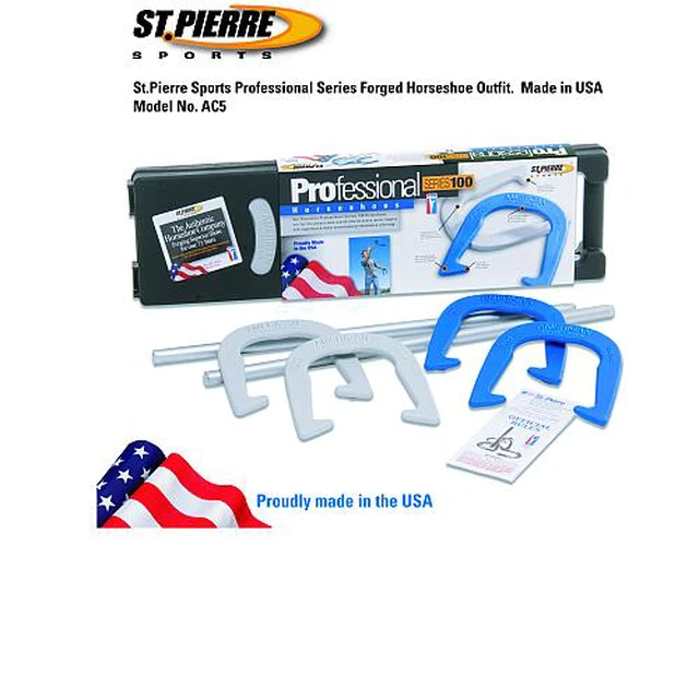 Alt view image 6 of 6 - St. Pierre American Professional Series Horseshoes Complete Set with 4 Horseshoes, 2 Steel Stakes, Official Rulebook, and Bag.
