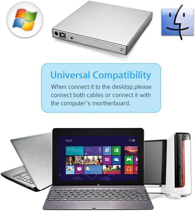 Alt view image 5 of 6 - Patazon Mac OS Laptop Computer USB External CD-RW Burner DVD/CD Reader Player with Dual USB Cables Silver