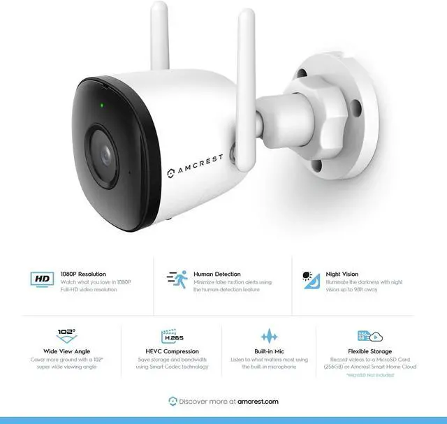 Alt view image 2 of 8 - Amcrest 1080P WiFi Camera Outdoor, Smart Home 2MP Bullet IP Security Camera Outdoor Wireless, 98ft Nightvision, Built-in Mic, 102° FOV, 256GB MicroSD Storage (Sold Separately), ASH22-W (Wired Power)