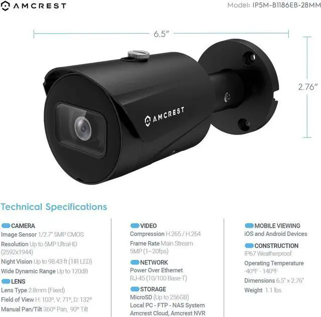 Alt view image 3 of 6 - Amcrest 2-Pack UltraHD 5MP Outdoor POE Camera 2592 x 1944p Bullet IP Security Camera, Outdoor IP67 Waterproof, 103° FOV, 2.8mm Lens, 98.4ft Night Vision, 5-Megapixel, IP5M-B1186EB-28MM (Black)