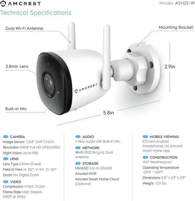 Alt view image 3 of 8 - Amcrest 1080P WiFi Camera Outdoor, Smart Home 2MP Bullet IP Security Camera Outdoor Wireless, 98ft Nightvision, Built-in Mic, 102° FOV, 256GB MicroSD Storage (Sold Separately), ASH22-W (Wired Power)