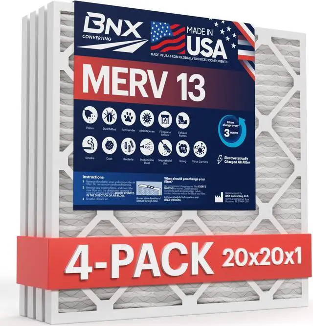 Main image of BNX 20x20x1 MERV 13 Air Filter 4 Pack - MADE IN USA - Electrostatic Pleated Air Conditioner HVAC AC Furnace Filters - Removes Pollen, Mold, Bacteria