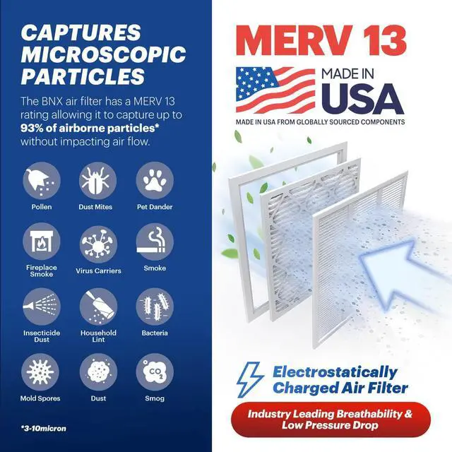 Alt view image 5 of 7 - BNX 16x25x1 MERV 13 Pleated Air Filter - Made in USA - Electrostatic Charged HVAC AC Furnace Filters - Removes Pollen, Mold, Bacteria, Smoke (4 Pack)