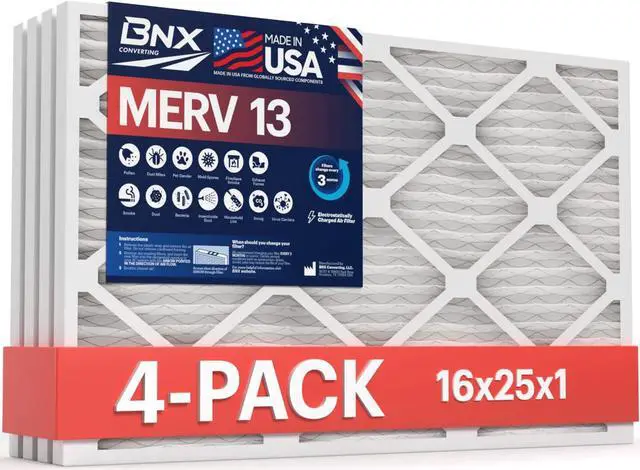 Main image of BNX 16x25x1 MERV 13 Pleated Air Filter - Made in USA - Electrostatic Charged HVAC AC Furnace Filters - Removes Pollen, Mold, Bacteria, Smoke (4 Pack)