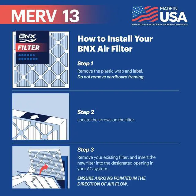 Alt view image 7 of 7 - BNX 16x25x1 MERV 13 Pleated Air Filter - Made in USA - Electrostatic Charged HVAC AC Furnace Filters - Removes Pollen, Mold, Bacteria, Smoke (4 Pack)