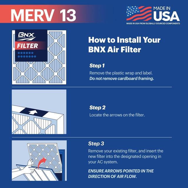 Alt view image 5 of 7 - BNX 16x20x1 MERV 13 Air Filter 4 Pack - MADE IN USA - Electrostatic Pleated Air Conditioner HVAC AC Furnace Filters - Removes Pollen, Mold, Bacteria