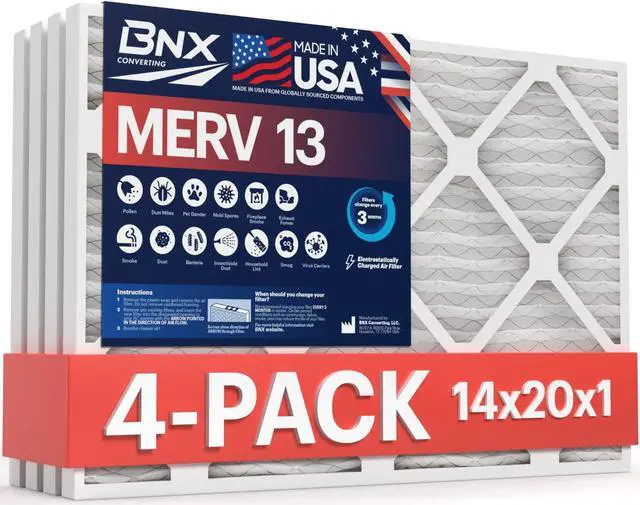 Main image of BNX 14x20x1 MERV 13 Air Filter 4 Pack - MADE IN USA - Electrostatic Pleated Air Conditioner HVAC AC Furnace Filters - Removes Pollen, Mold, Bacteria