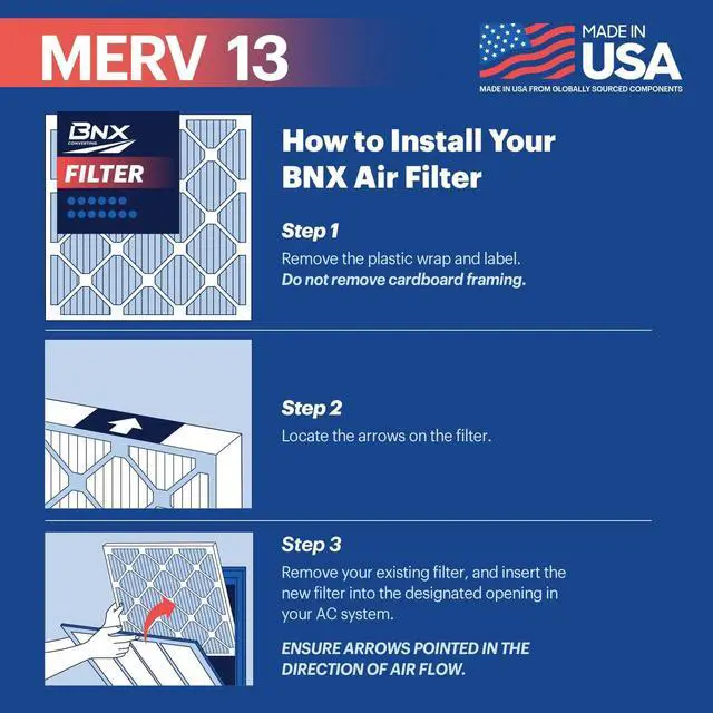Alt view image 5 of 7 - BNX 14x25x1 MERV 13 Air Filter 4 Pack - MADE IN USA - Electrostatic Pleated Air Conditioner HVAC AC Furnace Filters - Removes Pollen, Mold, Bacteria