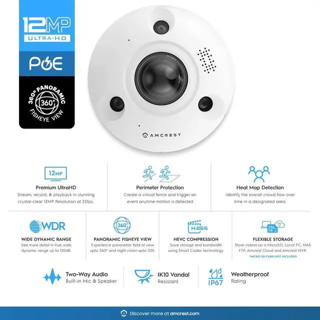 Alt view image 2 of 7 - Amcrest Fisheye IP POE Camera, 360° Panoramic 12-Megapixel POE IP Camera, Heat Map Detection, Perimeter Protection, People Counting, 33ft Nightvision, MicroSD Recording, IP12M-F2380EW (White)