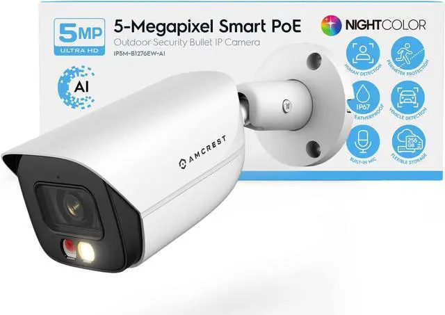 Main image of Amcrest AI Bullet IP PoE Camera w/ 49ft Color Night Vision, Security IP Camera Outdoor, Built-in Microphone, Human & Vehicle Detection, 129° FOV, 5MP@20fps IP5M-B1276EW-AI