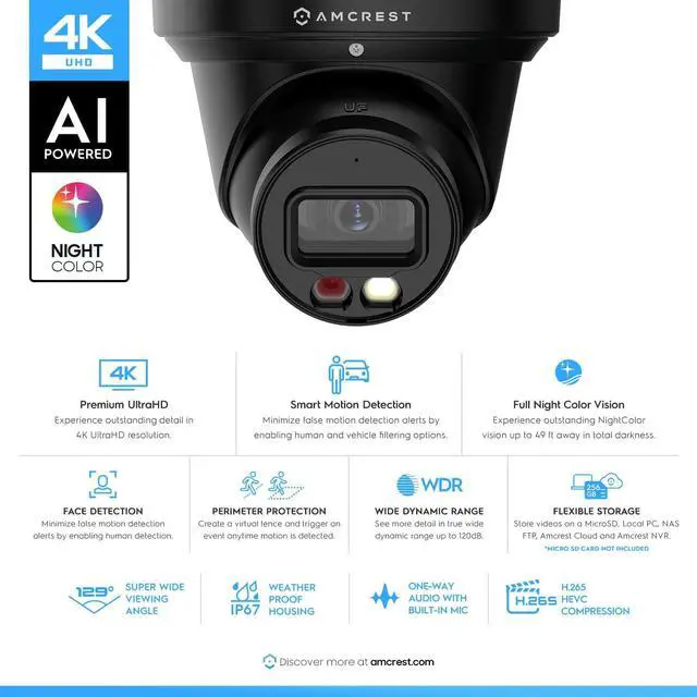 Alt view image 2 of 8 - Amcrest 4K Night Color AI Turret IP PoE Camera 49ft Full Color Nightvision, Security IP Camera, Built-in Microphone, Human Detection, Perimeter Protection, 129° FOV, 4K@15fps IP8M-2779EB-AI (Black)