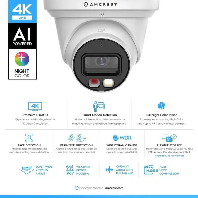 Alt view image 2 of 7 - Amcrest UltraHD 4K (8MP) IP PoE AI Camera, 49ft Nightcolor, Security Outdoor Turret Camera, Built-in Microphone, Human Detection, Active Deterrent, 129° FOV, IP8M-2779EW-AI (White) (Refurbished)