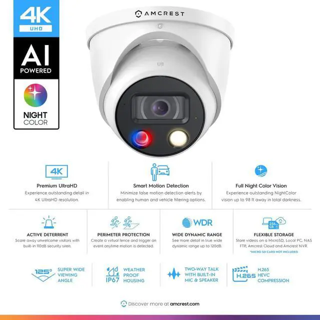 Alt view image 2 of 8 - Amcrest UltraHD 4K (8MP) IP POE AI Camera, 4K @30fps, 98ft Night Color Vision F1.0, Security Outdoor Turret Camera, Vehicle & Human Detection, Active Deterrents, Two-Way Audio, IP8M-DT3949EW-3AI