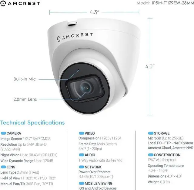 Alt view image 3 of 7 - Amcrest 5MP UltraHD Outdoor Security IP Turret PoE Camera with Mic/Audio, 5-Megapixel, 98ft NightVision, 2.8mm Lens, IP67 Weatherproof, REP-IP5M-T1179EW-28MM (Refurbished)