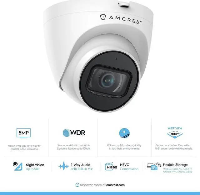 Alt view image 2 of 7 - Amcrest 5MP UltraHD Outdoor Security IP Turret PoE Camera with Mic/Audio, 5-Megapixel, 98ft NightVision, 2.8mm Lens, IP67 Weatherproof, REP-IP5M-T1179EW-28MM (Refurbished)