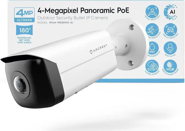 Main image of Amcrest Panoramic IP POE Camera, 180° Panoramic 4-Megapixel POE IP Bullet Camera, Security Outdoor Camera, 65ft Nightvision, IVS Features and People Counting, MicroSD Recording, IP4M-PB181EW-AI White