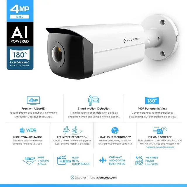 Alt view image 2 of 7 - Amcrest Panoramic IP POE Camera, 180° Panoramic 4-Megapixel POE IP Bullet Camera, Security Outdoor Camera, 65ft Nightvision, IVS Features and People Counting, MicroSD Recording, IP4M-PB181EW-AI White