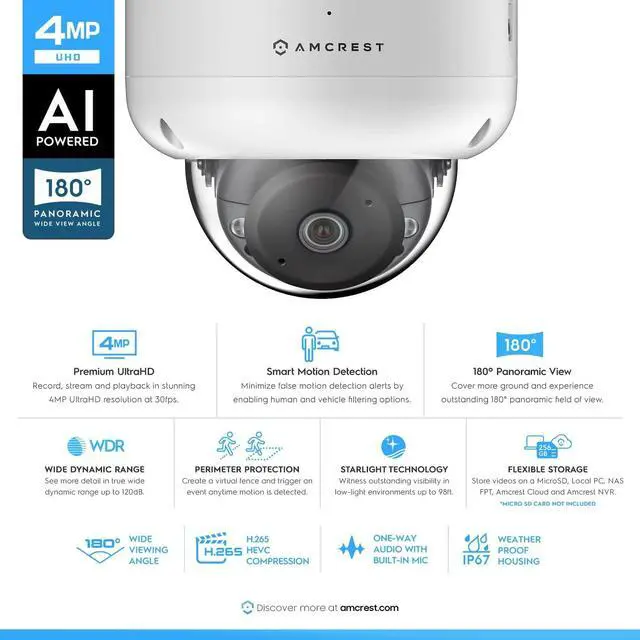 Alt view image 3 of 8 - amcrest panoramic ip poe camera, 180 panoramic 4-megapixel poe ip dome camera, security outdoor camera, 50ft nightvision, ivs features and people counting, microsd recording, ip4m-pd183ew-ai white
