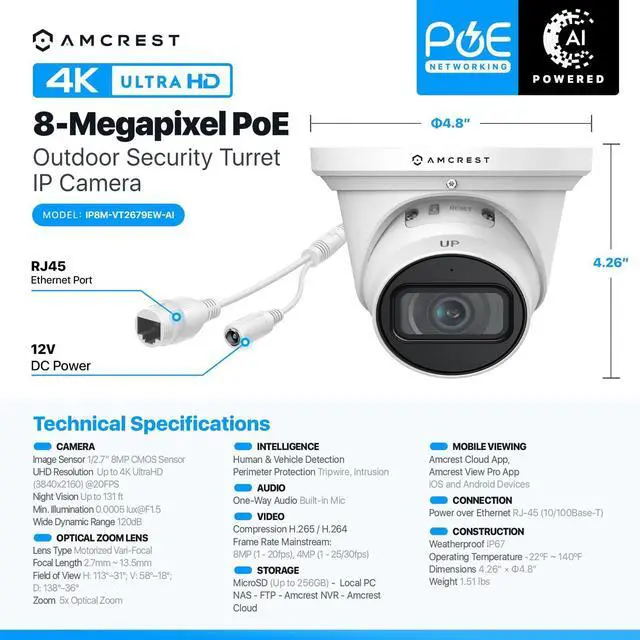 Alt view image 7 of 8 - Amcrest 4K Optical Zoom AI IP PoE Camera, Varifocal Outdoor IP POE Camera Turret, Human & Vehicle Detection, F1.5, 2.7mm~13.5mm Lens, IP67, 5X Optical Zoom (IP8M-VT2679EW-AI)