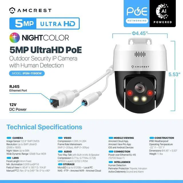 Alt view image 7 of 7 - Amcrest 5MP UltraHD Mini AI Outdoor IP PoE Camera, Security IP Camera with Two-Way Audio, 98ft Full Color Night Vision, Active Deterrents, 5-Megapixel, Wide 104.8° FOV, IP5M-1190EW (White)