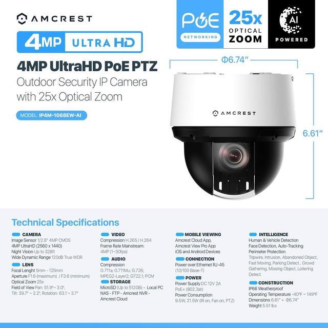 Alt view image 7 of 7 - Amcrest 4MP Outdoor PTZ POE + AI IP Camera Pan Tilt Zoom (Optical 25x Motorized) Security Speed Dome, Human and Vehicle Detection, IVS, Face Detection, Auto Tracking, POE+ (802.3at) IP4M-1068EW-AI