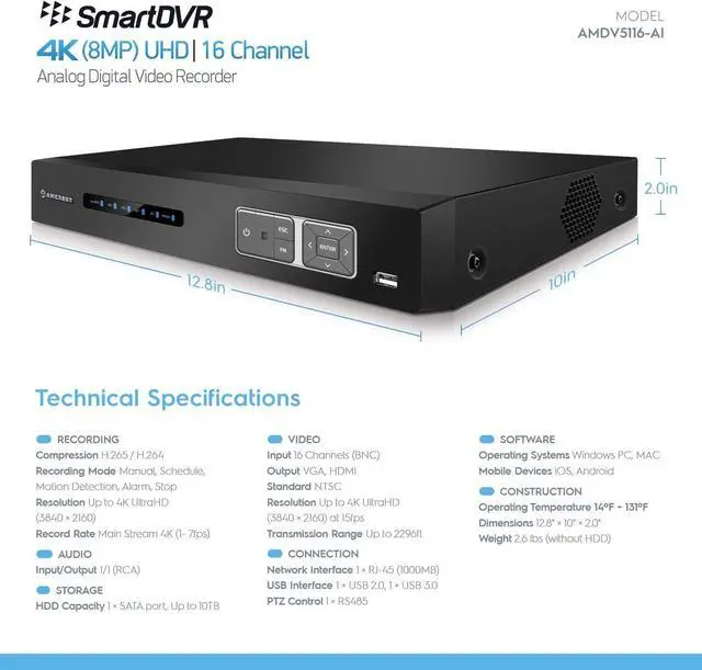 Alt view image 6 of 6 - Amcrest 4K UltraHD 16 Channel AI DVR Security Camera System Recorder, 8MP Security DVR for Analog Security Cameras & Amcrest IP Cameras, AI Smart DVR, HDD & Cameras NOT Included (AMDV5116-I3)