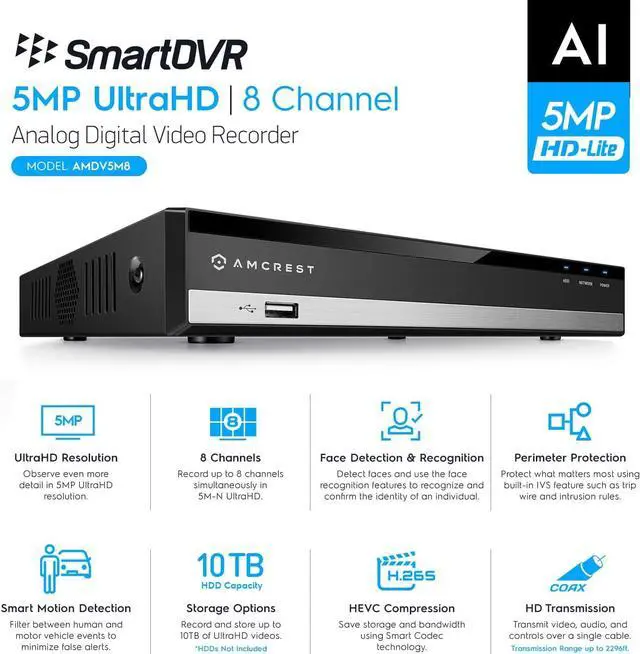 Alt view image 2 of 7 - Amcrest 5MP UltraHD 8 Channel DVR Security Camera System Recorder, 5MP Security DVR for Analog Security Cameras, Remote Smartphone Access, HDD & Cameras NOT Included (AMDV5M8)