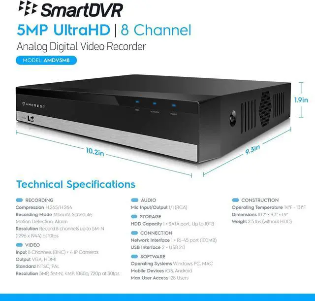 Alt view image 7 of 7 - Amcrest 5MP UltraHD 8 Channel DVR Security Camera System Recorder, 5MP Security DVR for Analog Security Cameras, Remote Smartphone Access, HDD & Cameras NOT Included (AMDV5M8)
