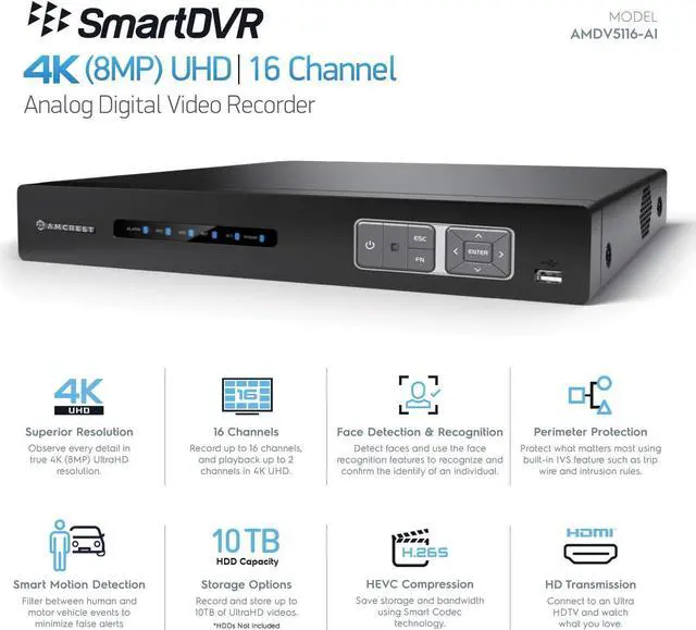 Alt view image 2 of 6 - Amcrest 4K UltraHD 16 Channel AI DVR Security Camera System Recorder, 8MP Security DVR for Analog Security Cameras & Amcrest IP Cameras, AI Smart DVR, HDD & Cameras NOT Included (AMDV5116-I3)