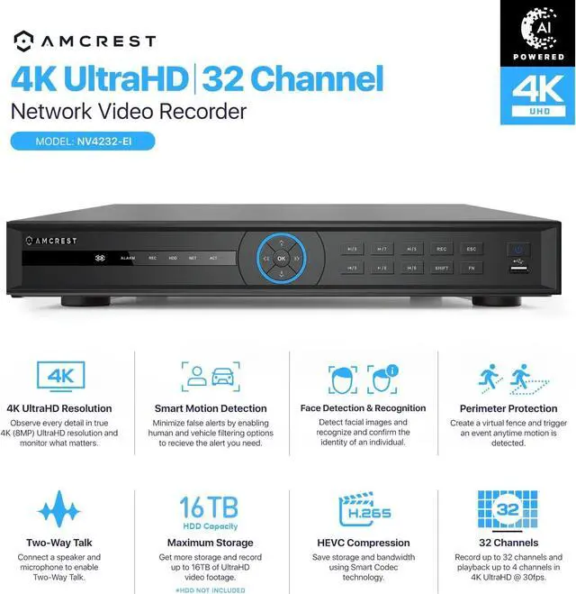 Alt view image 2 of 7 - Amcrest 4K NV4232-EI 32CH AI NVR, Smart NVR, Facial Recognition, Facial Detection & Vehicle Detection - Supports 32 x 4K IP Cameras, Supports 2 x 16TB HDD (Not Included) (No PoE Ports Included)