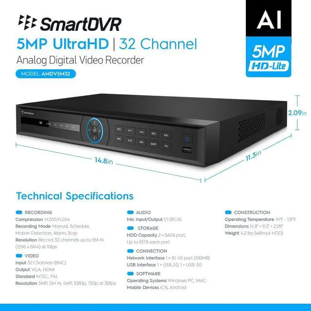 Alt view image 7 of 7 - Amcrest 5MP UltraHD 32 Channel DVR Security Camera System Recorder, 5MP Security DVR for Analog Security Cameras, Remote Smartphone Access, HDD & Cameras NOT Included (AMDV5M32)