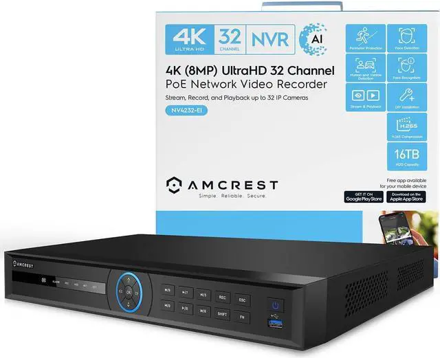 Main image of Amcrest 4K 32-Channel AI NVR (16-Port PoE) Smart NVR, Facial Recognition, Facial Detection & Vehicle Detection - Supports 32 x 4K IP Cameras, Supports up to 2 x 16TB HDD (Not Included) NV4232E-16P-EI