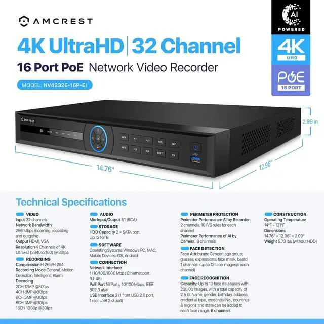 Alt view image 7 of 7 - Amcrest 4K 32-Channel AI NVR (16-Port PoE) Smart NVR, Facial Recognition, Facial Detection & Vehicle Detection - Supports 32 x 4K IP Cameras, Supports up to 2 x 16TB HDD (Not Included) NV4232E-16P-EI
