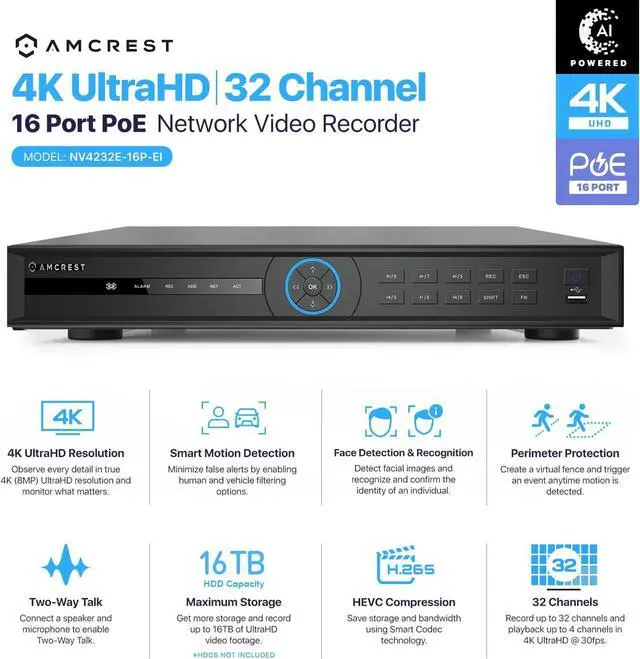 Alt view image 2 of 7 - Amcrest 4K 32-Channel AI NVR (16-Port PoE) Smart NVR, Facial Recognition, Facial Detection & Vehicle Detection - Supports 32 x 4K IP Cameras, Supports up to 2 x 16TB HDD (Not Included) NV4232E-16P-EI