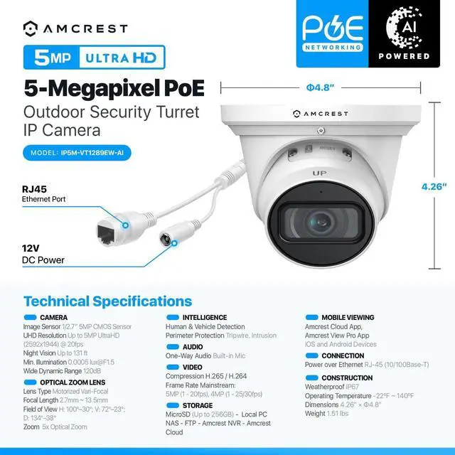 Alt view image 7 of 7 - Amcrest 5MP Optical Zoom AI IP PoE Camera, Varifocal Outdoor IP POE Camera Turret, Human & Vehicle Detection, 2.7mm~13.5mm Lens, IP67, 5X Optical Zoom, (IP5M-VT1289EW-AI)