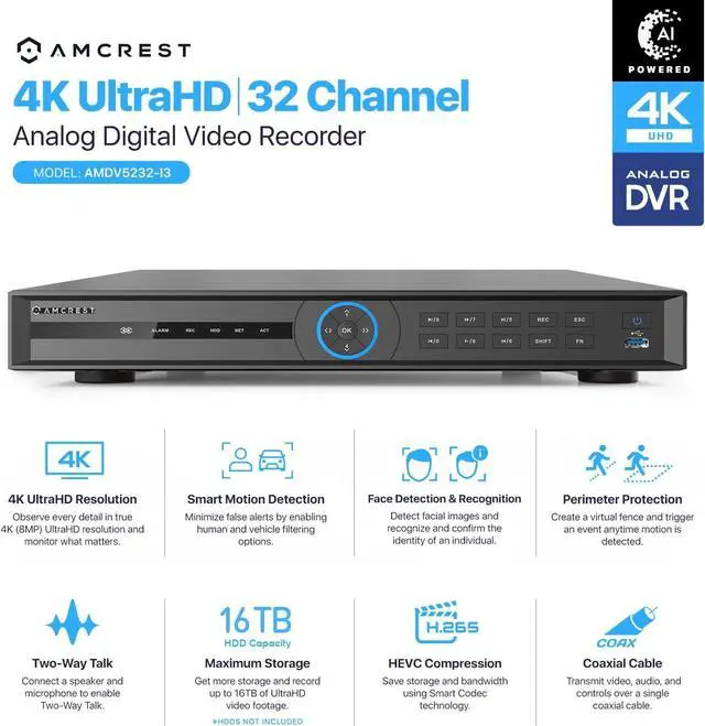 Alt view image 2 of 7 - Amcrest 4K UltraHD 32 Channel AI DVR Security Camera System Recorder, 8MP Security DVR for Analog Security Cameras & Amcrest IP Cameras, AI Smart DVR, HDD & Cameras NOT Included (AMDV5232-I3)