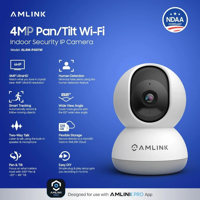 Alt view image 2 of 7 - AMLINK 4MP WiFi Camera Indoor, Human Detection, Motion-Tracking, w/ 2-Way Audio, Pan/Tilt Wireless IP Camera (Wired Power), NDAA Compliant, 30ft Night Vision, Built in Siren, AL4M-P401W
