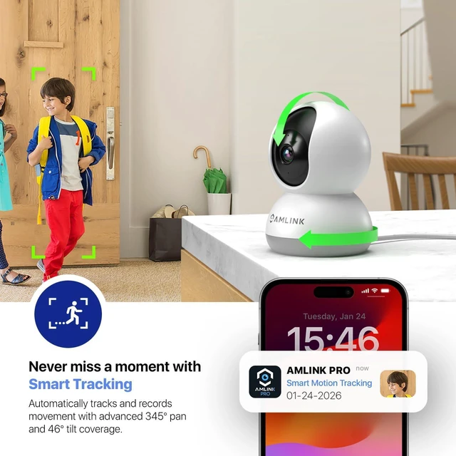 Alt view image 3 of 7 - AMLINK 4MP WiFi Camera Indoor, Human Detection, Motion-Tracking, w/ 2-Way Audio, Pan/Tilt Wireless IP Camera (Wired Power), NDAA Compliant, 30ft Night Vision, Built in Siren, AL4M-P401W
