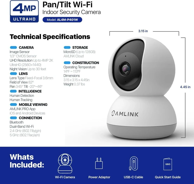 Alt view image 7 of 7 - AMLINK 4MP WiFi Camera Indoor, Human Detection, Motion-Tracking, w/ 2-Way Audio, Pan/Tilt Wireless IP Camera (Wired Power), NDAA Compliant, 30ft Night Vision, Built in Siren, AL4M-P401W