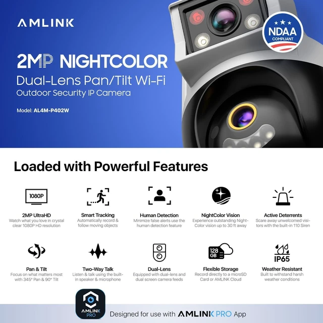 Alt view image 2 of 7 - AMLINK 2X 2MP Dual-Lens WiFi Camera Outdoor, Human Detection, Motion-Tracking, w/ 2-Way Audio, Pan/Tilt Wireless IP Camera, NDAA Compliant, 30ft Night Vision, Built in Siren, AL4M-P402W
