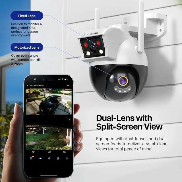 Alt view image 5 of 7 - AMLINK 2X 2MP Dual-Lens WiFi Camera Outdoor, Human Detection, Motion-Tracking, w/ 2-Way Audio, Pan/Tilt Wireless IP Camera, NDAA Compliant, 30ft Night Vision, Built in Siren, AL4M-P402W