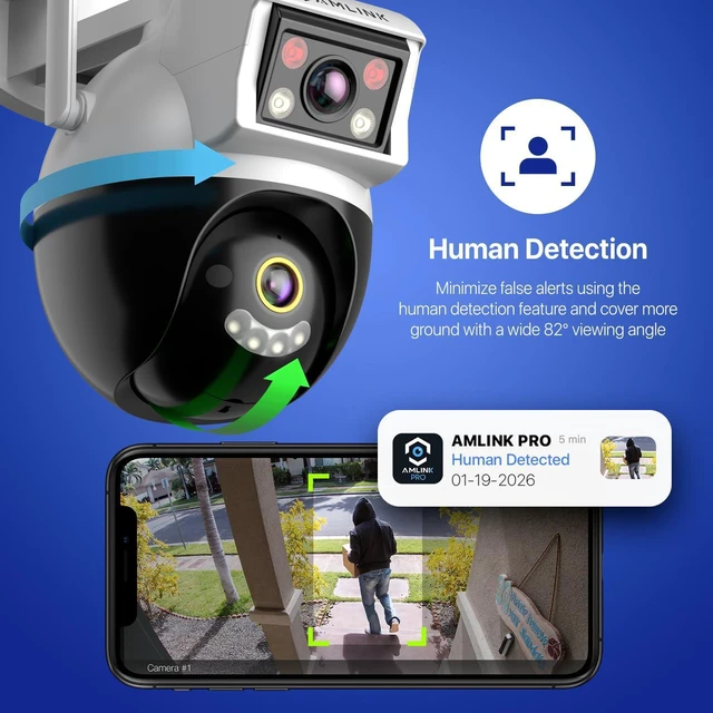 Alt view image 6 of 7 - AMLINK 2X 2MP Dual-Lens WiFi Camera Outdoor, Human Detection, Motion-Tracking, w/ 2-Way Audio, Pan/Tilt Wireless IP Camera, NDAA Compliant, 30ft Night Vision, Built in Siren, AL4M-P402W