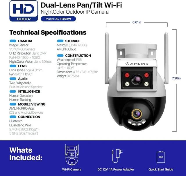 Alt view image 7 of 7 - AMLINK 2X 2MP Dual-Lens WiFi Camera Outdoor, Human Detection, Motion-Tracking, w/ 2-Way Audio, Pan/Tilt Wireless IP Camera, NDAA Compliant, 30ft Night Vision, Built in Siren, AL4M-P402W