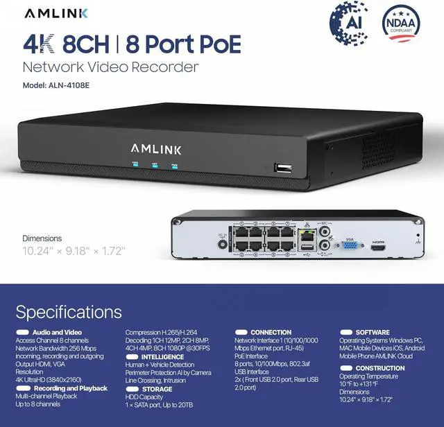 Alt view image 7 of 7 - AMLINK 12MP 8CH AI NVR (8-Port PoE), Smart NVR, Human Detection & Vehicle Detection - Supports 8 x 12MP IP Cameras, Supports 1 x 20TB HDD (Not Included) ALN-4108E